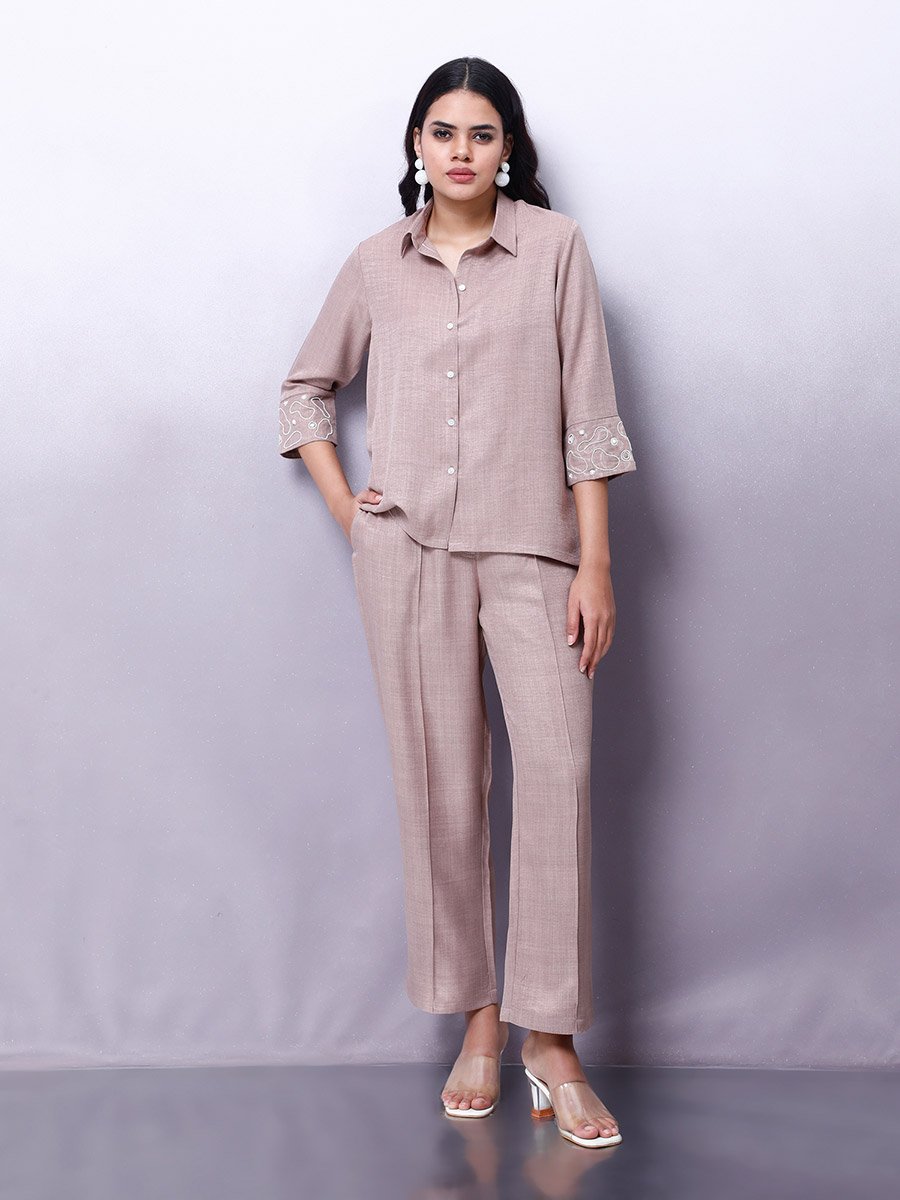 Beige Embellished Shirt with Trousers Co-Ords