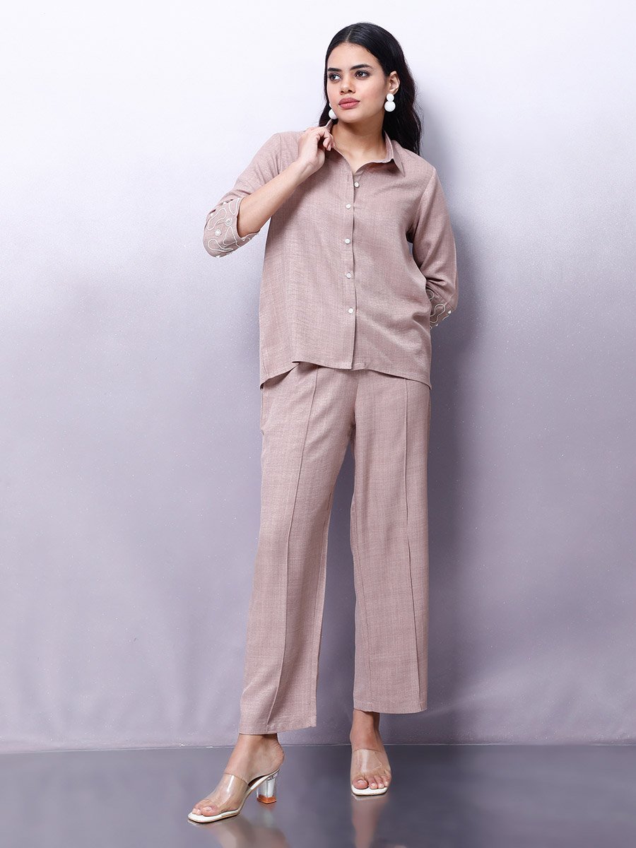 Beige Embellished Shirt with Trousers Co-Ords