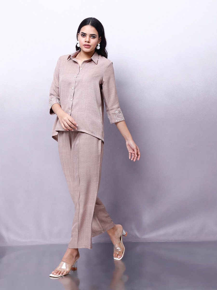 Beige Embellished Shirt with Trousers Co-Ords