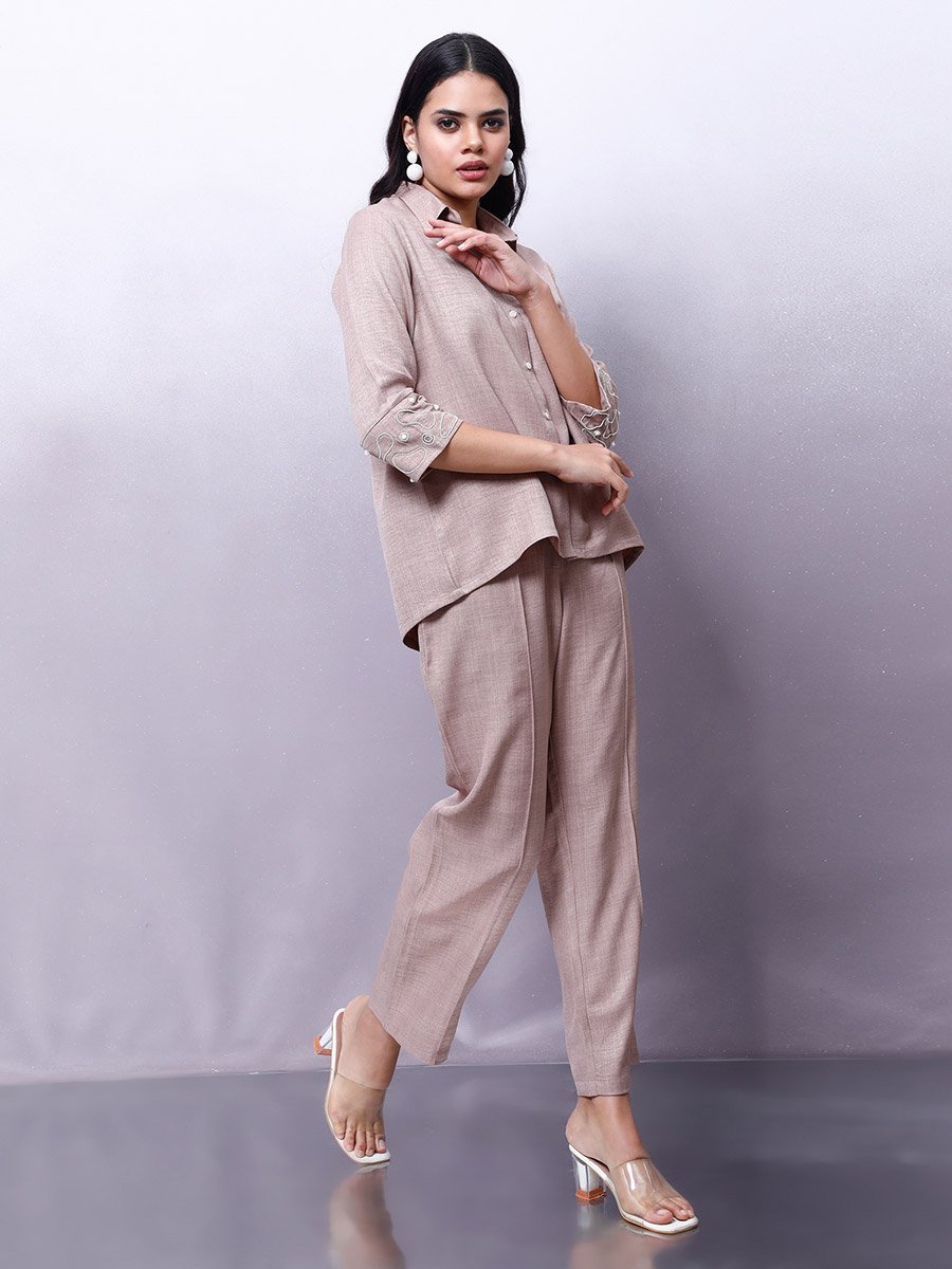 Beige Embellished Shirt with Trousers Co-Ords
