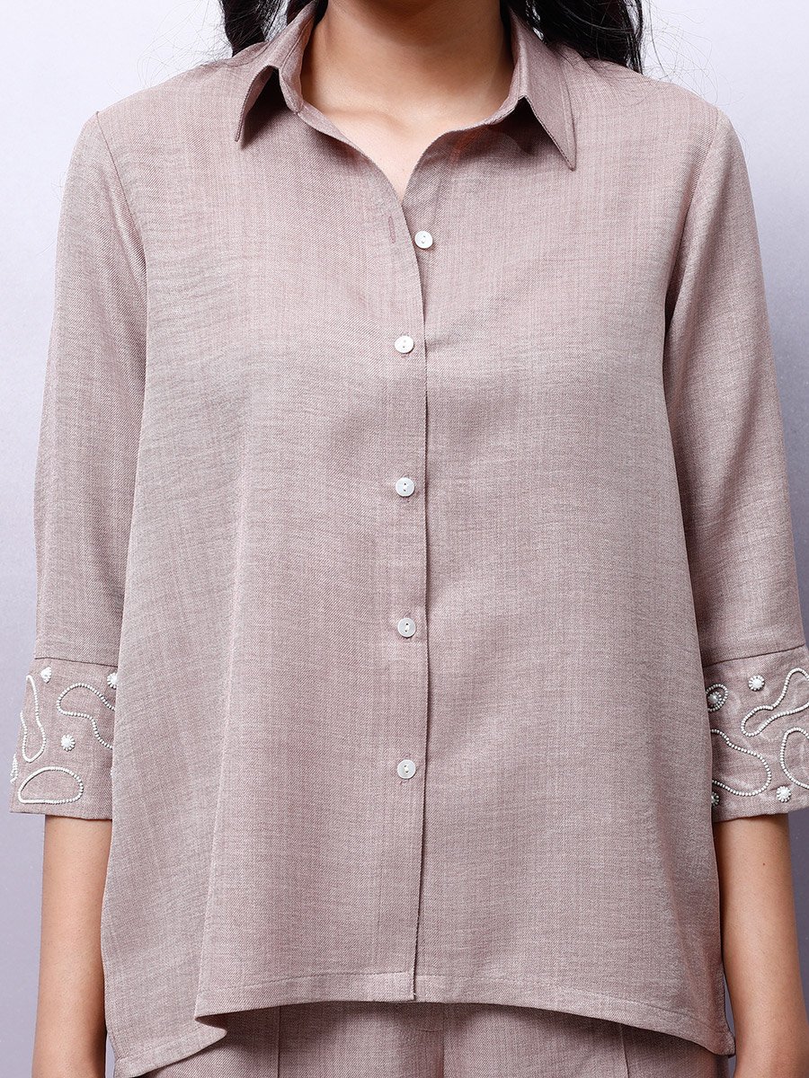 Beige Embellished Shirt with Trousers Co-Ords