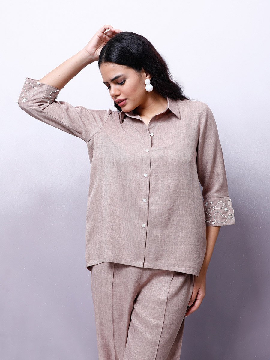 Beige Embellished Shirt with Trousers Co-Ords