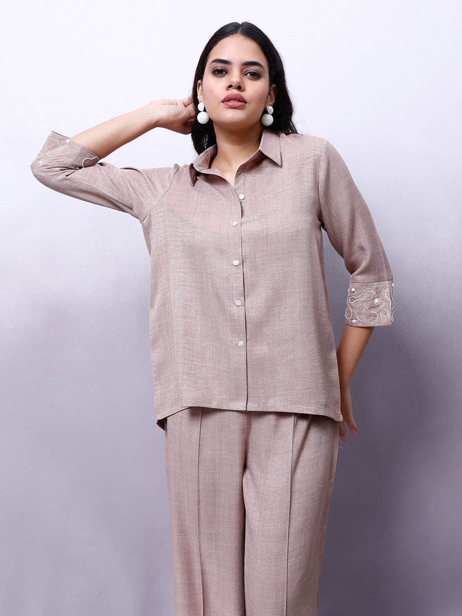 Beige Embellished Shirt with Trousers Co-Ords