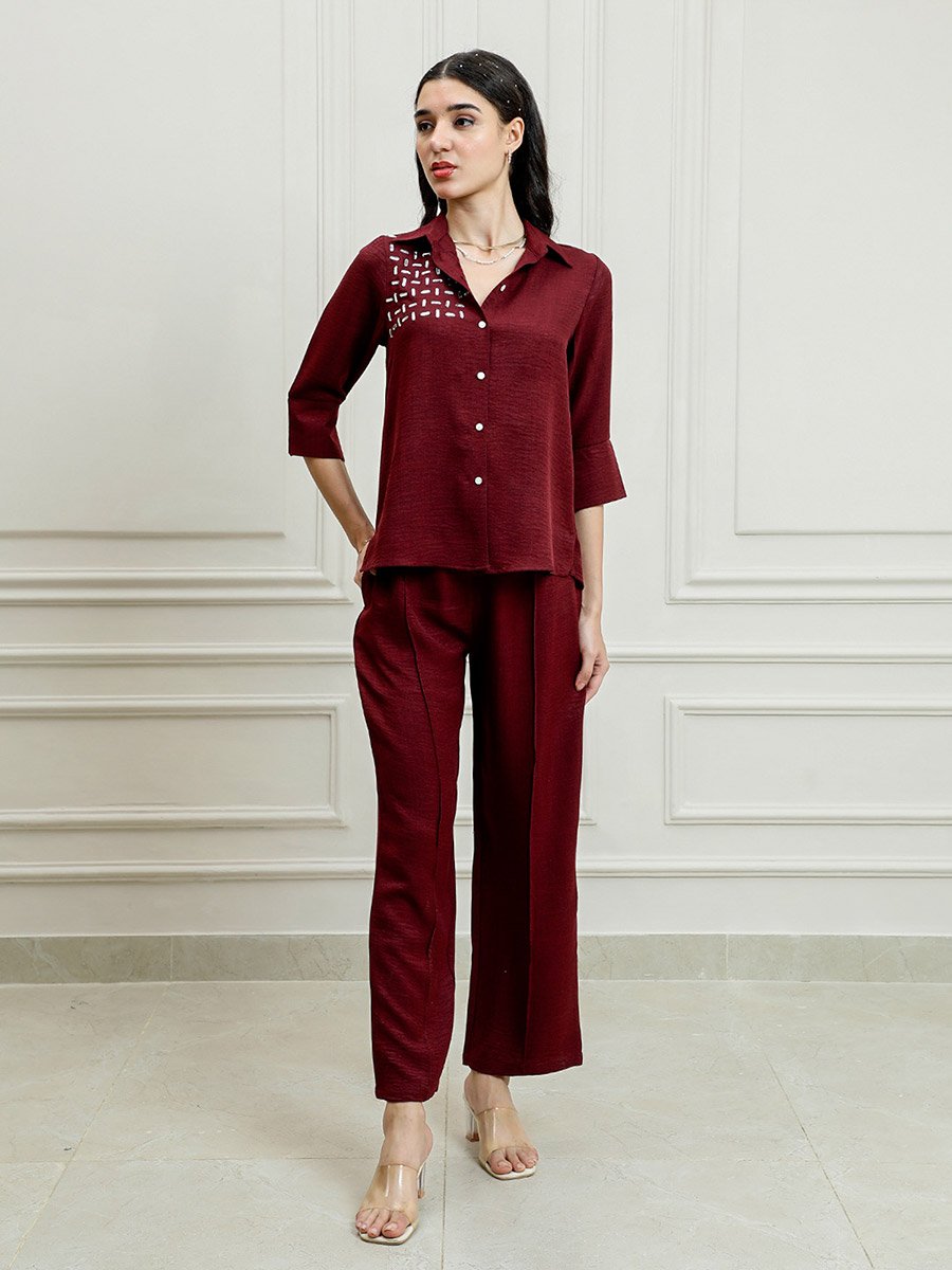Maroon Embellished Top with Trousers Co-Ords