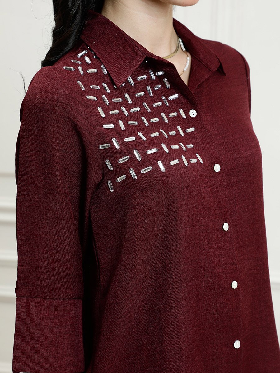Maroon Embellished Top with Trousers Co-Ords