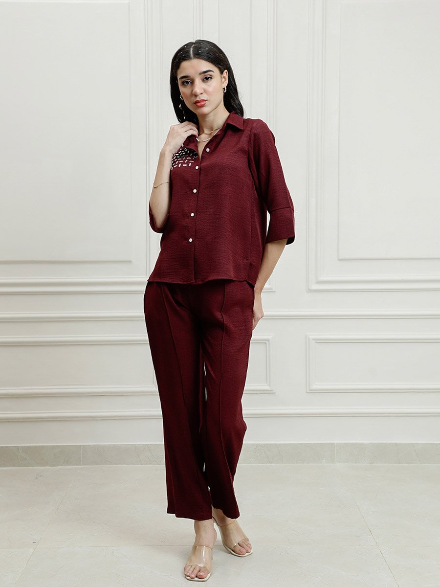 Maroon Embellished Top with Trousers Co-Ords
