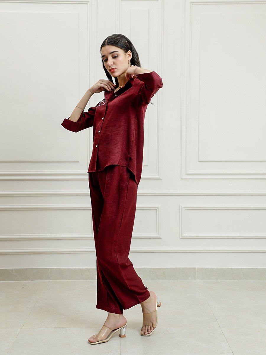 Maroon Embellished Top with Trousers Co-Ords