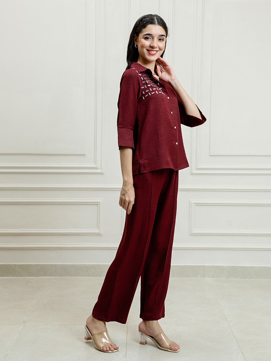 Maroon Embellished Top with Trousers Co-Ords