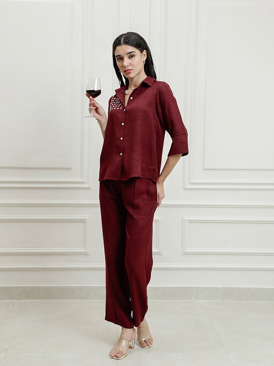 Maroon Embellished Top with Trousers Co-Ords