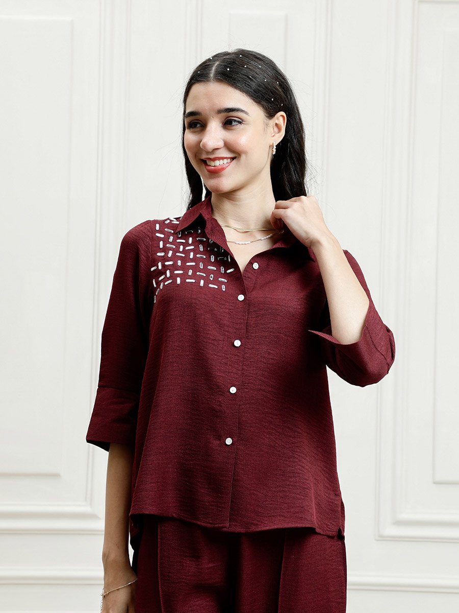 Maroon Embellished Top with Trousers Co-Ords
