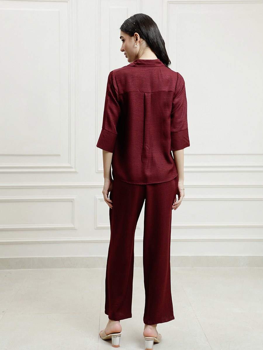 Maroon Embellished Top with Trousers Co-Ords