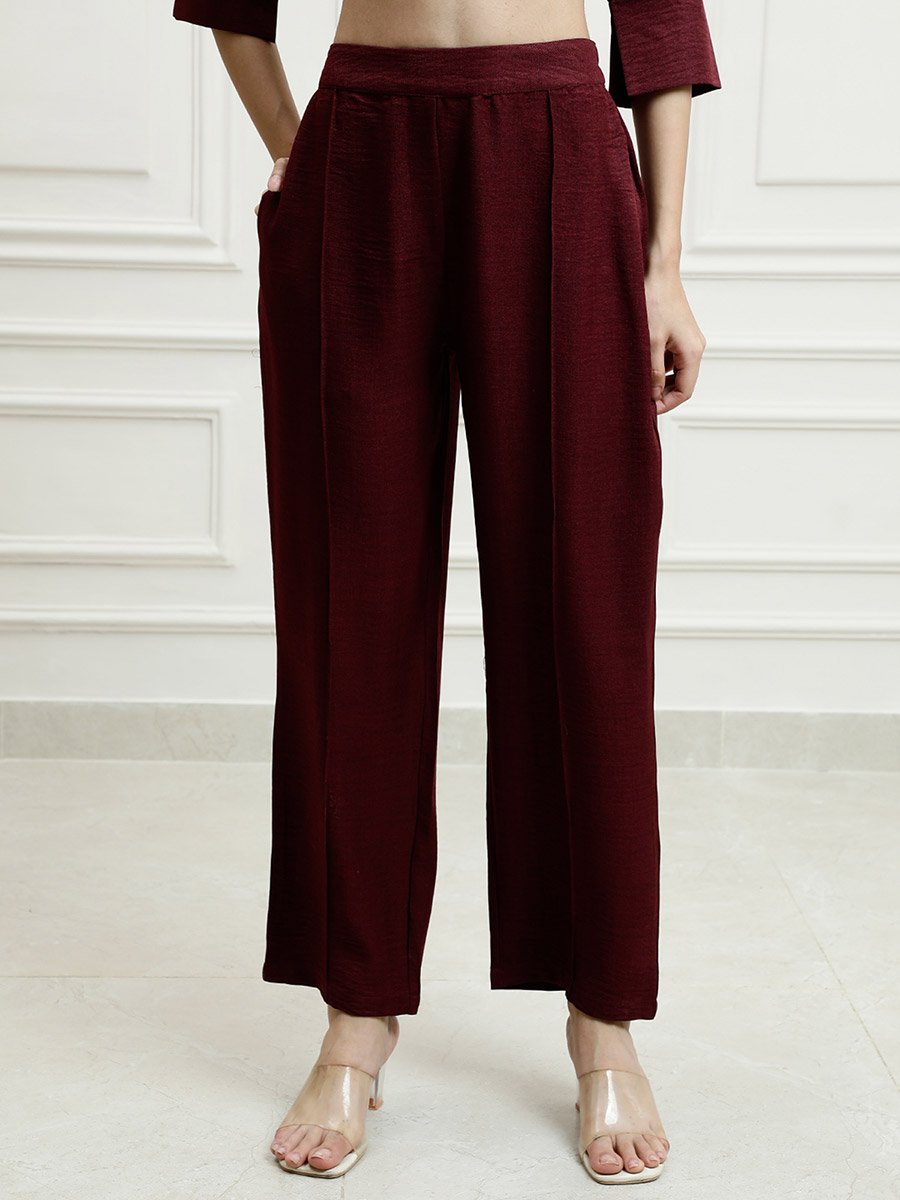 Maroon Embellished Top with Trousers Co-Ords
