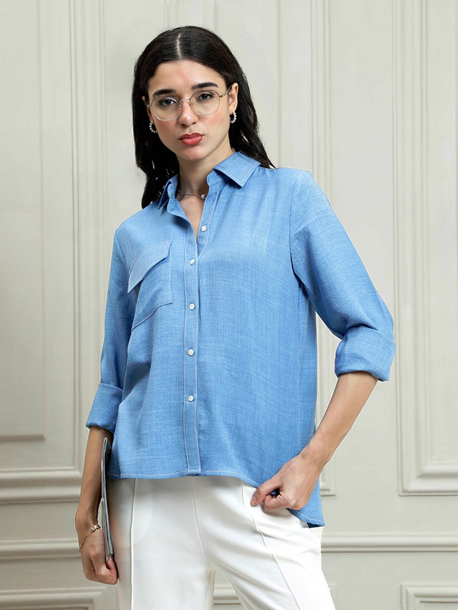 Blue Linen Buttoned Shirt with Chest Pocket