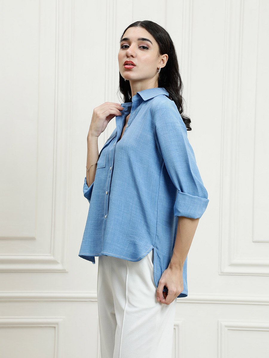 Blue Linen Buttoned Shirt with Chest Pocket