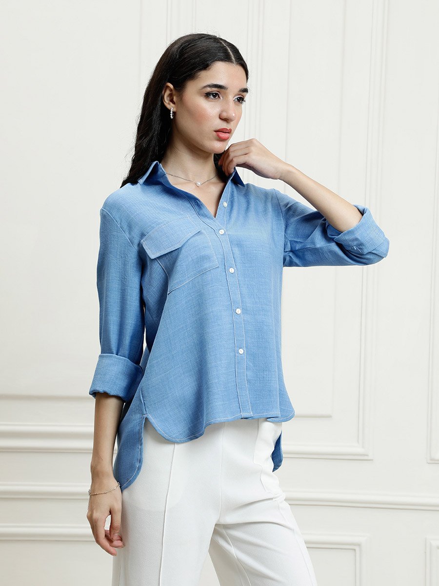 Blue Linen Buttoned Shirt with Chest Pocket