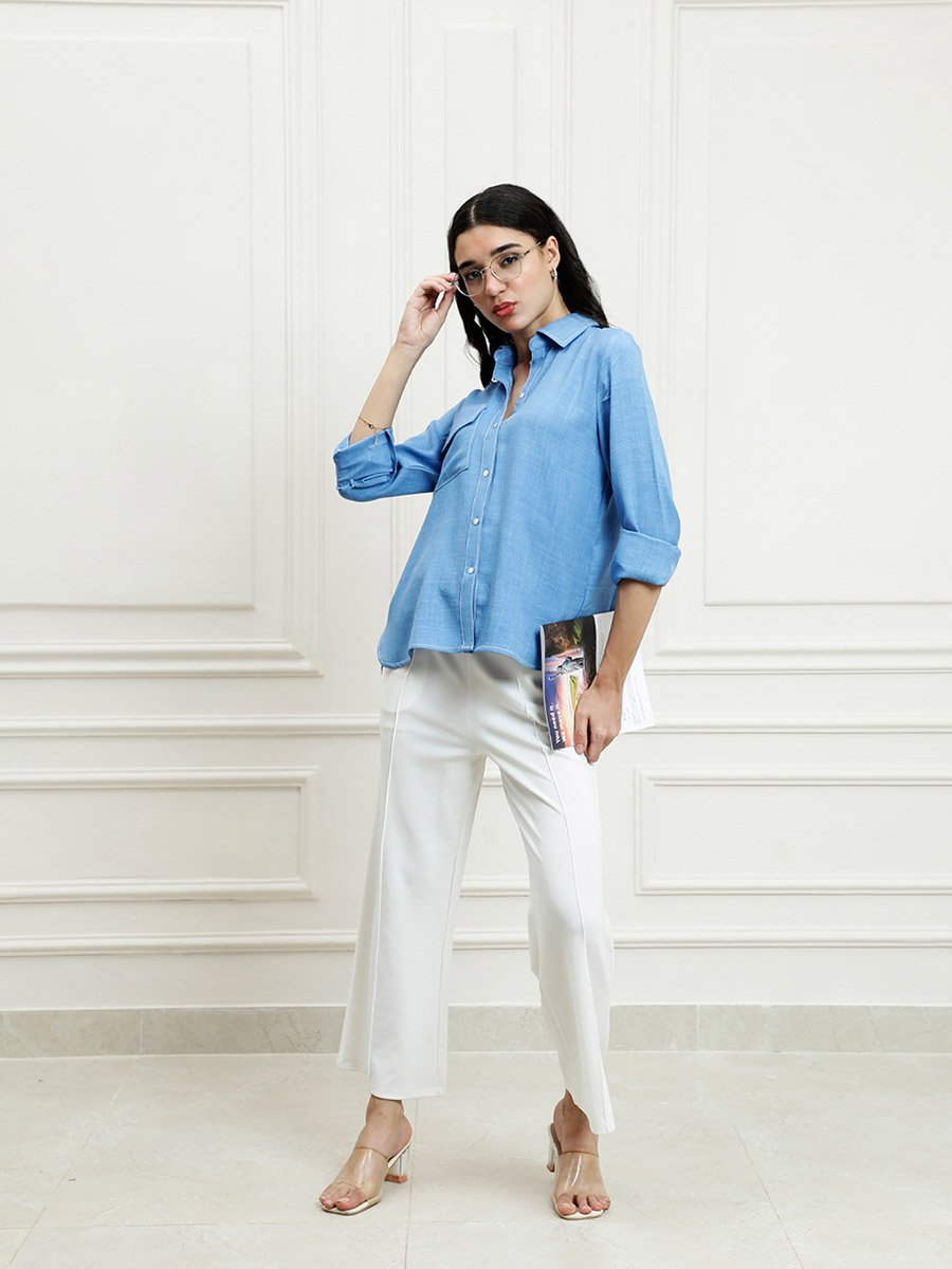 Blue Linen Buttoned Shirt with Chest Pocket