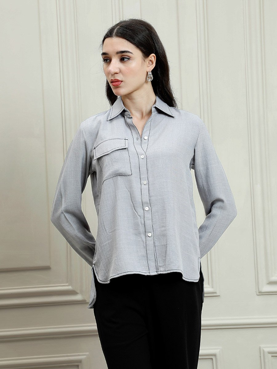 Grey Linen Long Sleeve Button-Down Shirt