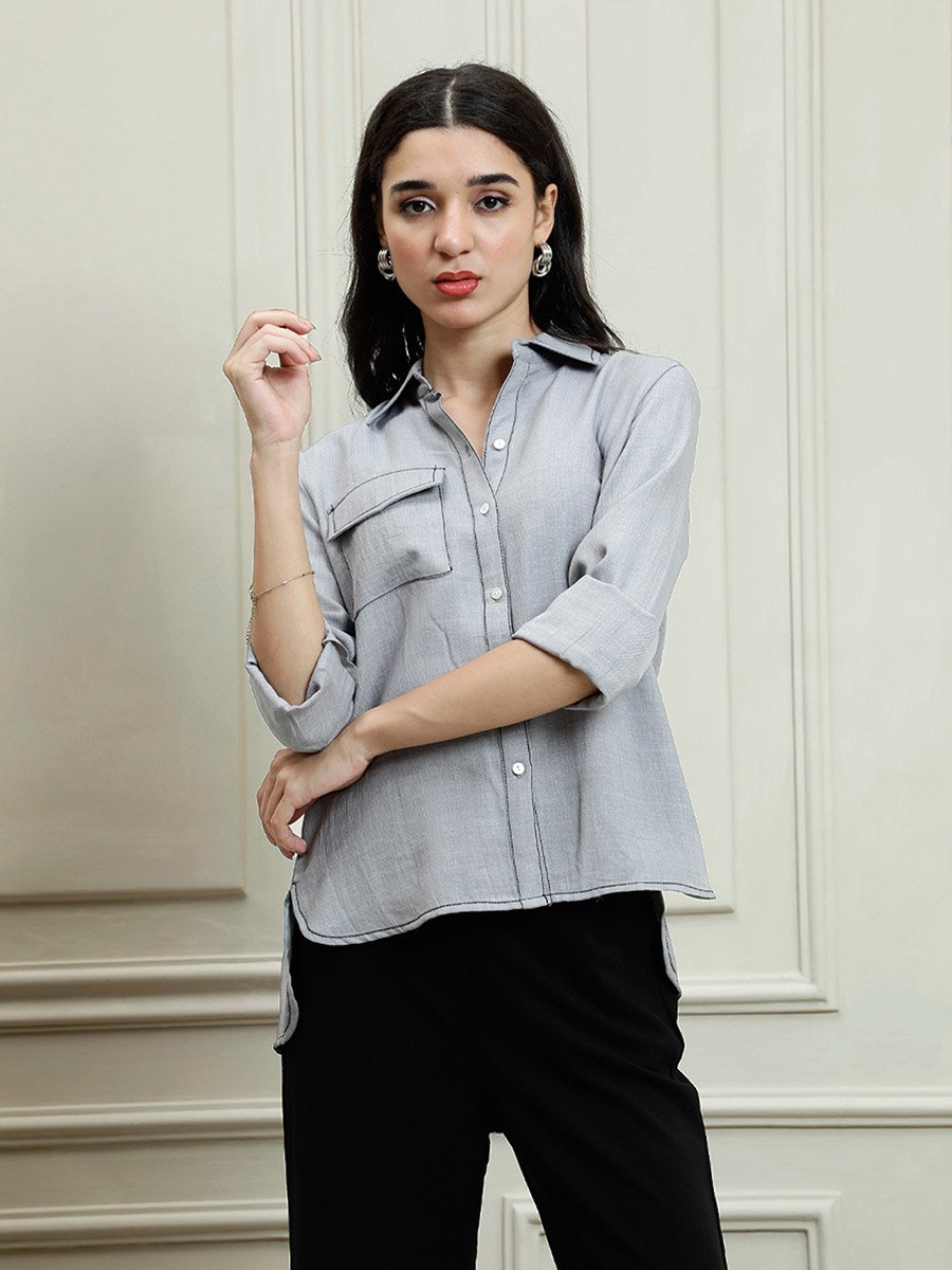 Grey Linen Long Sleeve Button-Down Shirt