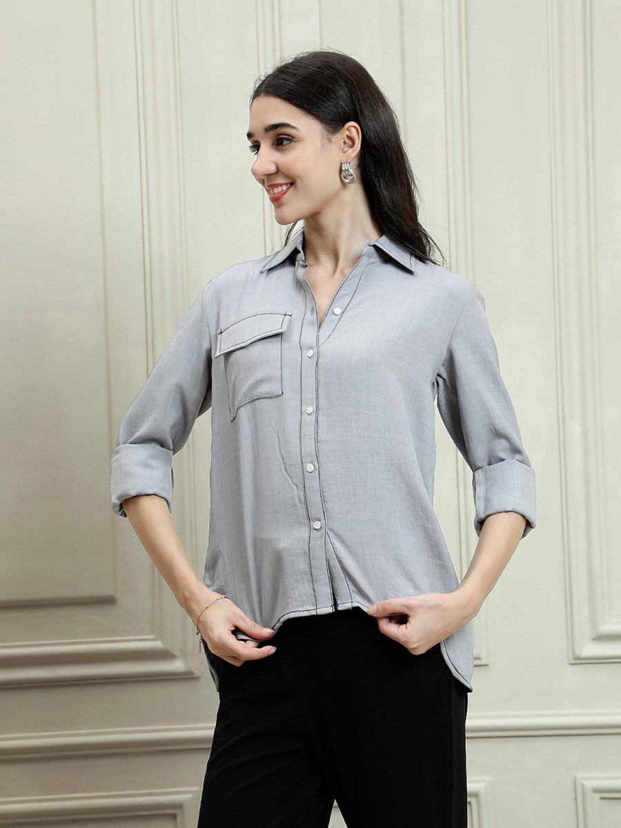 Grey Linen Long Sleeve Button-Down Shirt