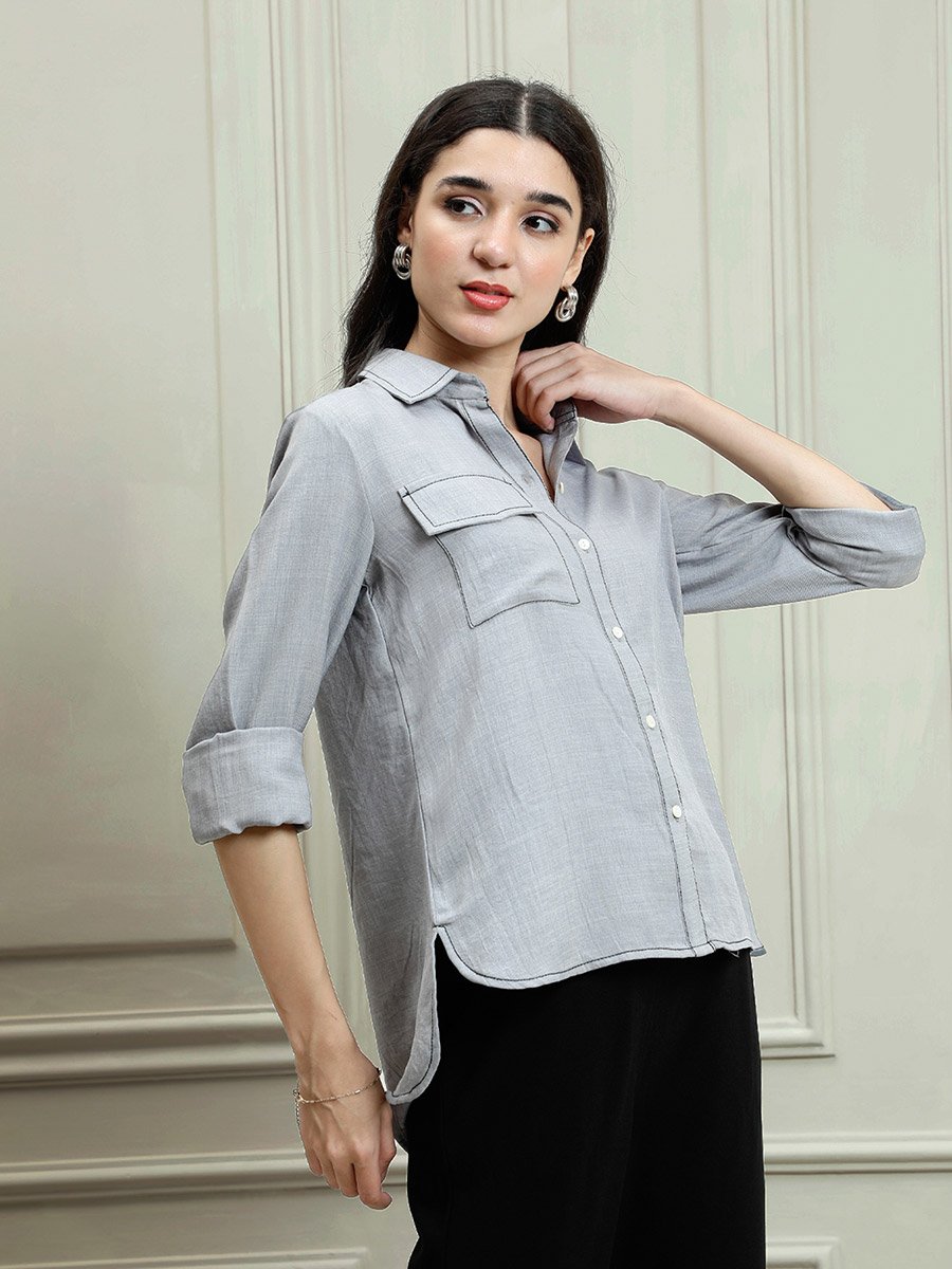 Grey Linen Long Sleeve Button-Down Shirt
