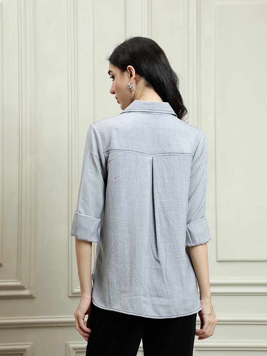 Grey Linen Long Sleeve Button-Down Shirt