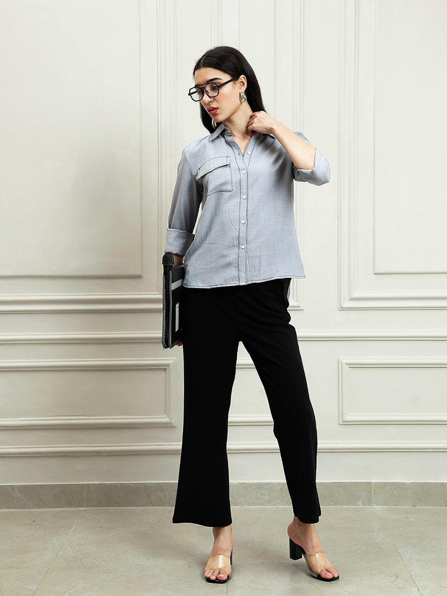 Grey Linen Long Sleeve Button-Down Shirt