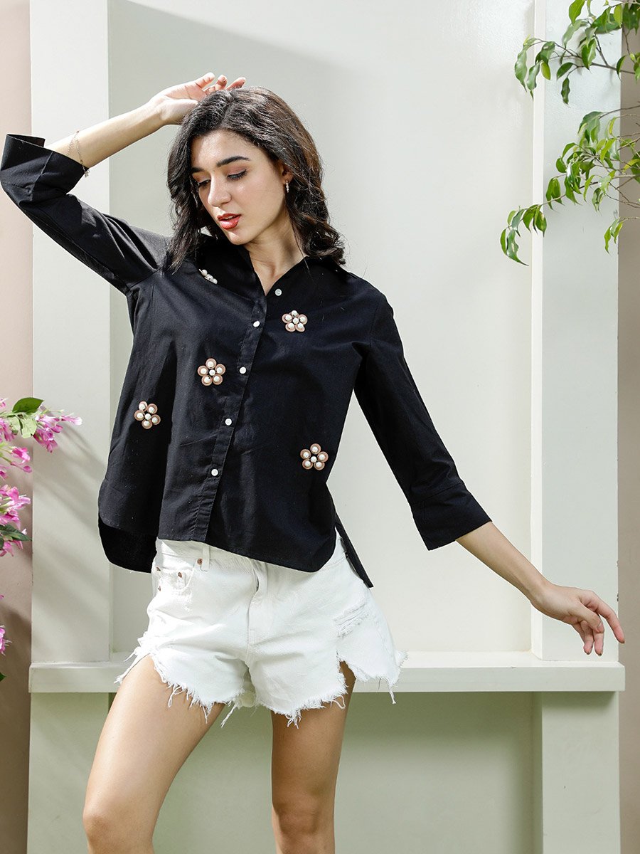 Black Floral Embellished Cotton Shirt