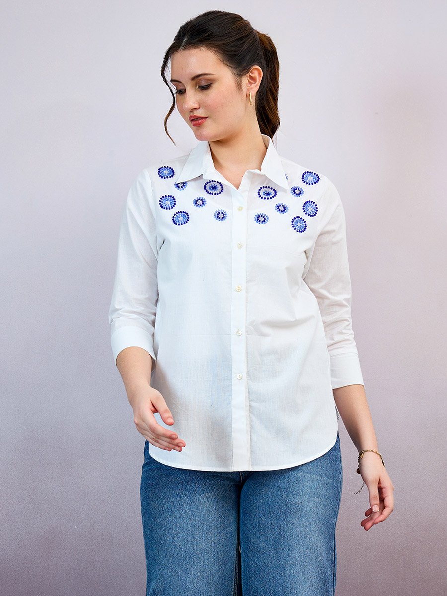 Evil Eye Embroidered Cotton Relaxed Fit Shirt