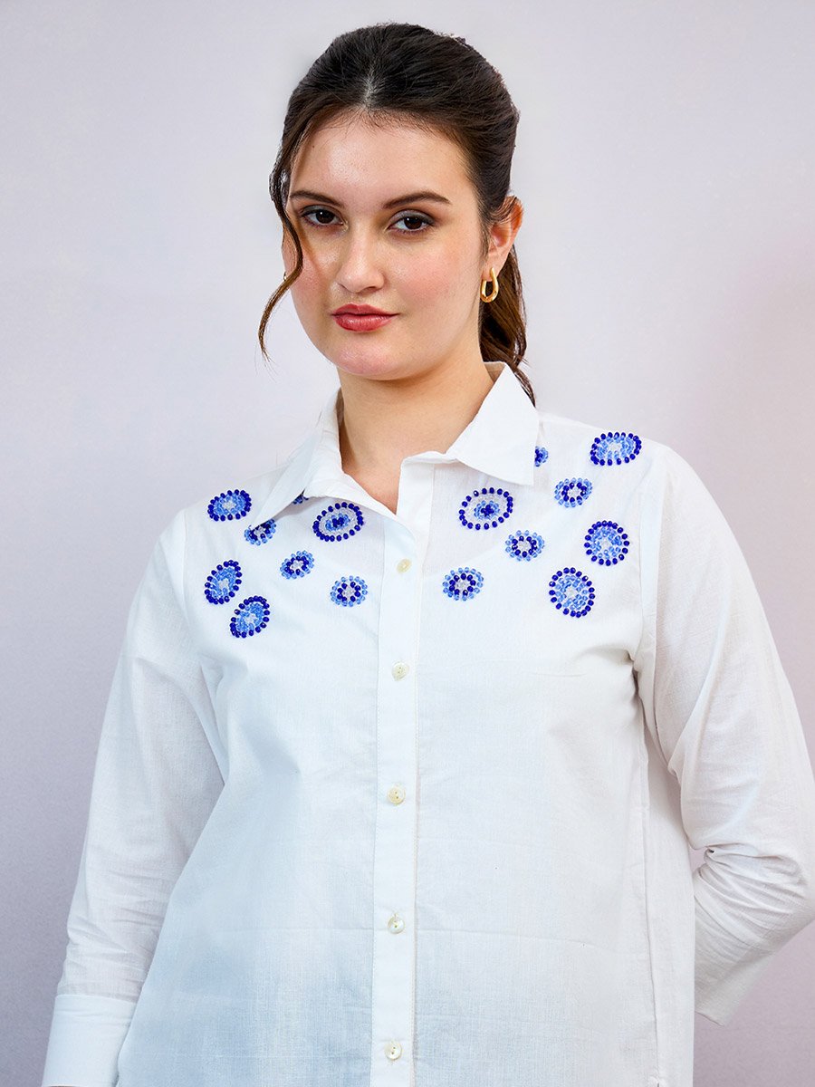 Evil Eye Embroidered Cotton Relaxed Fit Shirt