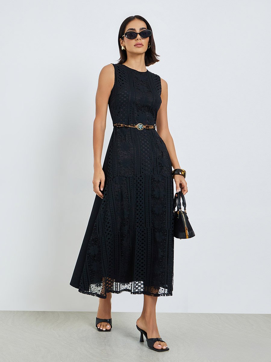 Black Self-Design Midi Dress with Beaded Belt