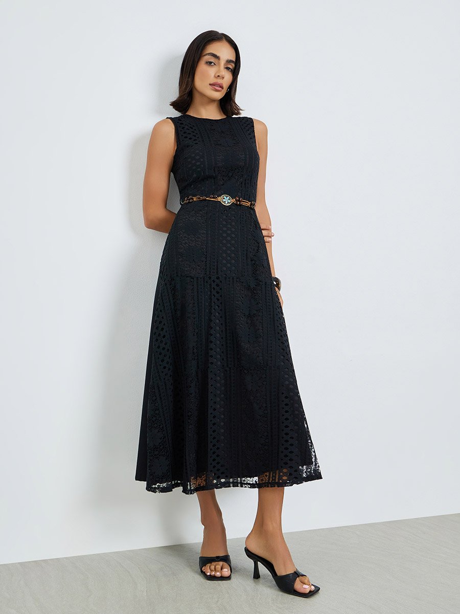 Black Self-Design Midi Dress with Beaded Belt