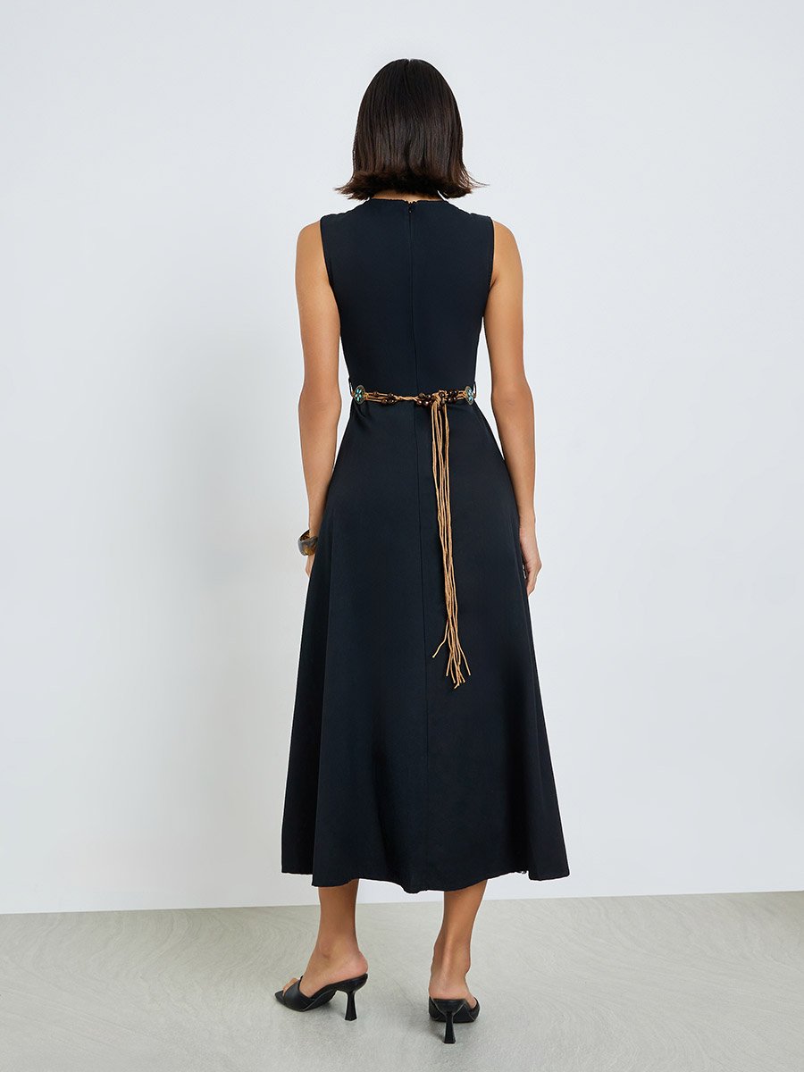 Black Self-Design Midi Dress with Beaded Belt
