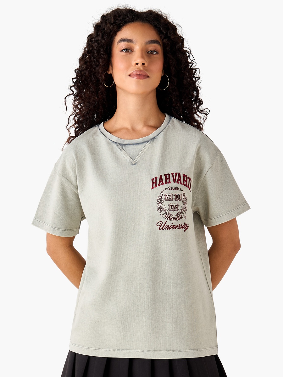 Oversized Cotton Washed T-Shirt with Harvard University Embroidery