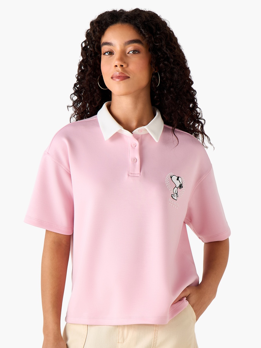 Cropped Cotton Polo T-Shirt with Snoopy Print