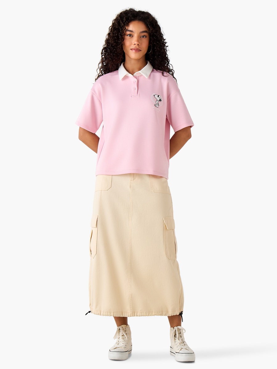 Cropped Cotton Polo T-Shirt with Snoopy Print