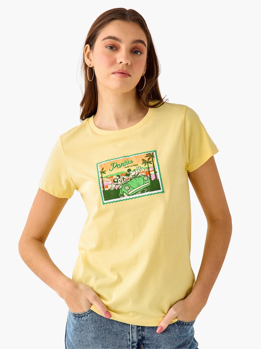Regular Fit Cotton T-Shirt with Mickey and Minnie Mouse Print