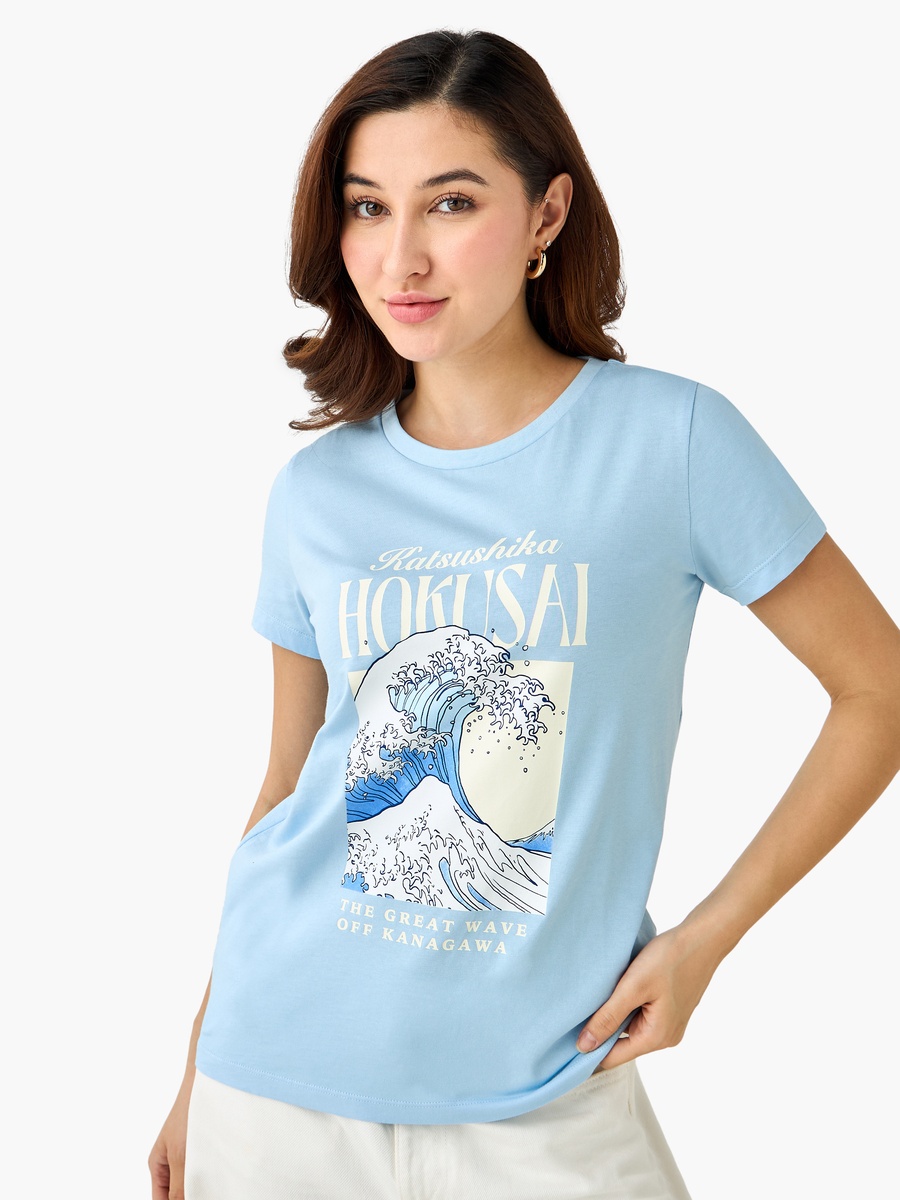 Cotton T-Shirt with Katsushika Hokusai Graphic Print