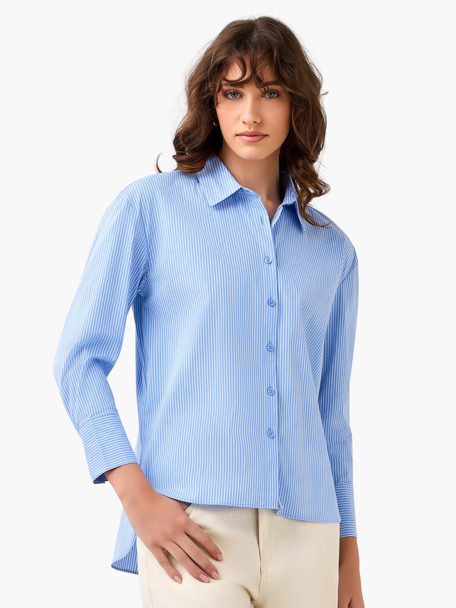 Regular Fit Poplin High Low Shirt with Stripes