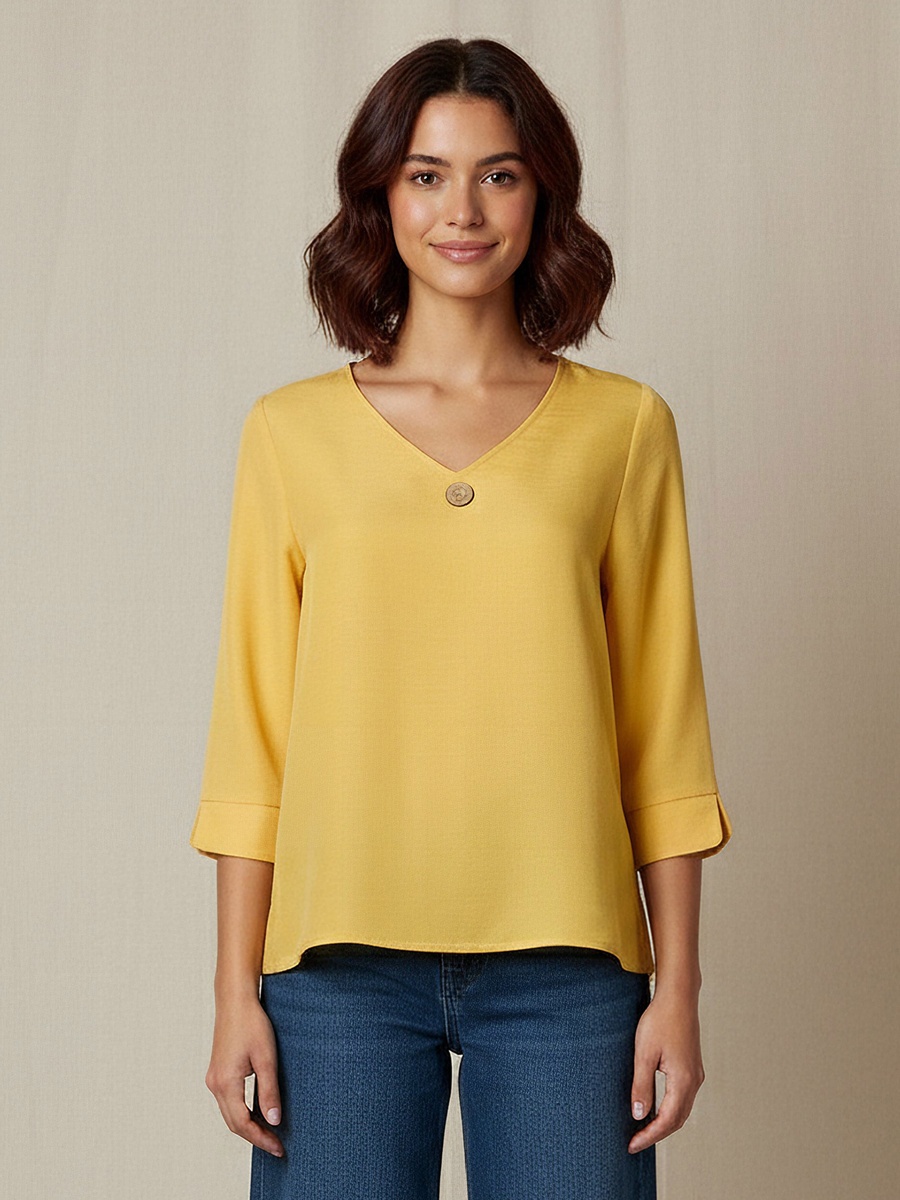 Button Applique Top with V Neck