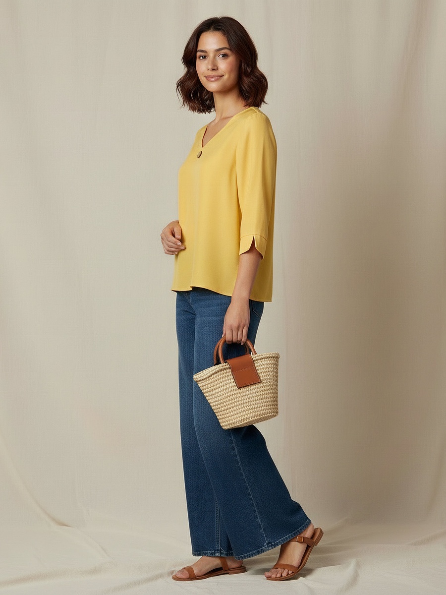 Button Applique Top with V Neck