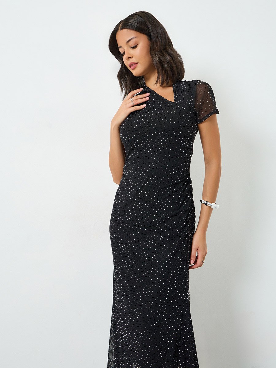 Black Embellished Sheath Midi Evening Dress