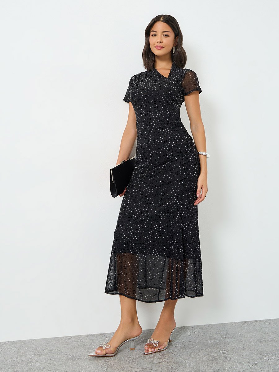 Black Embellished Sheath Midi Evening Dress