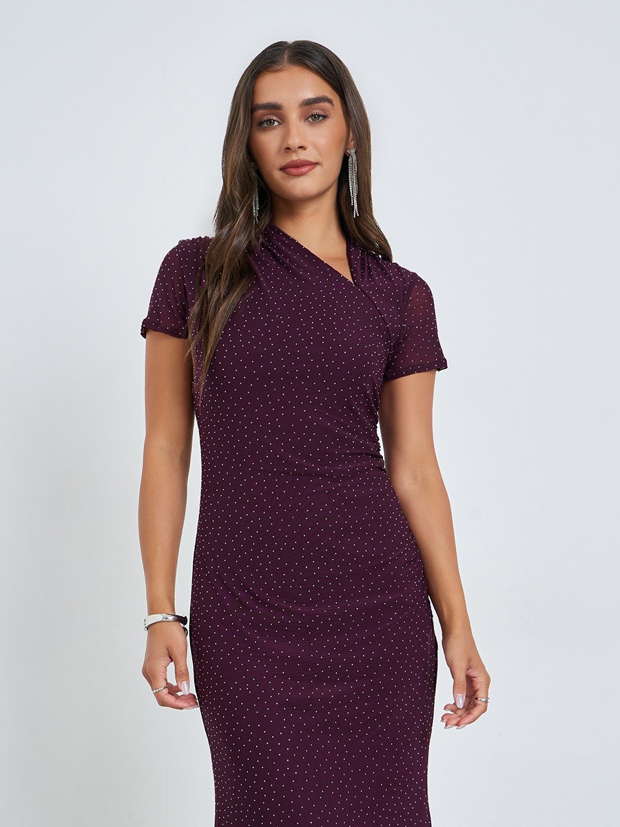 Purple Embellished Sheath Midi Evening Dress