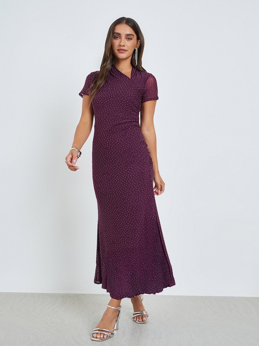 Purple Embellished Sheath Midi Evening Dress
