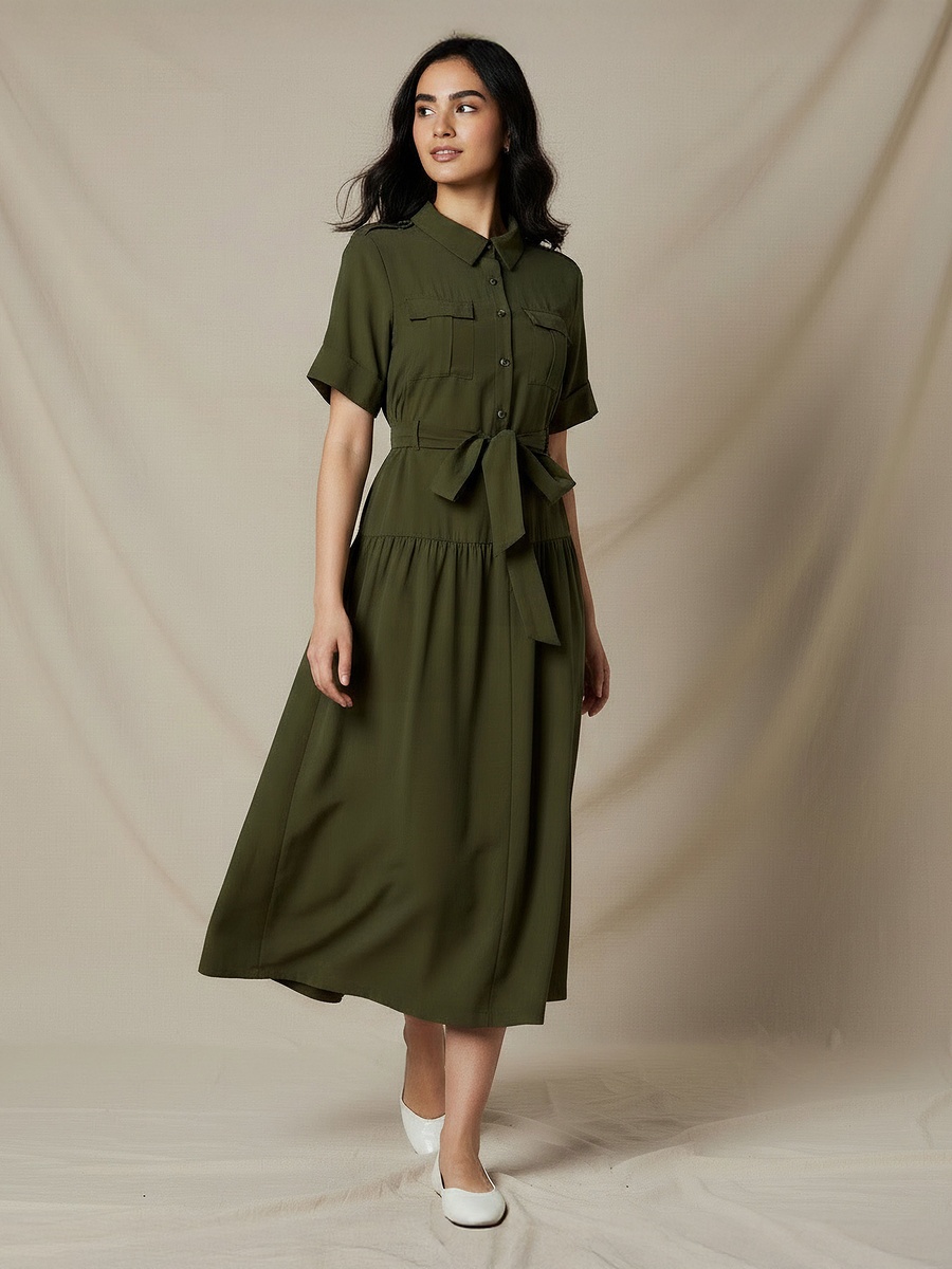 Shirt Midi Dress with Belt