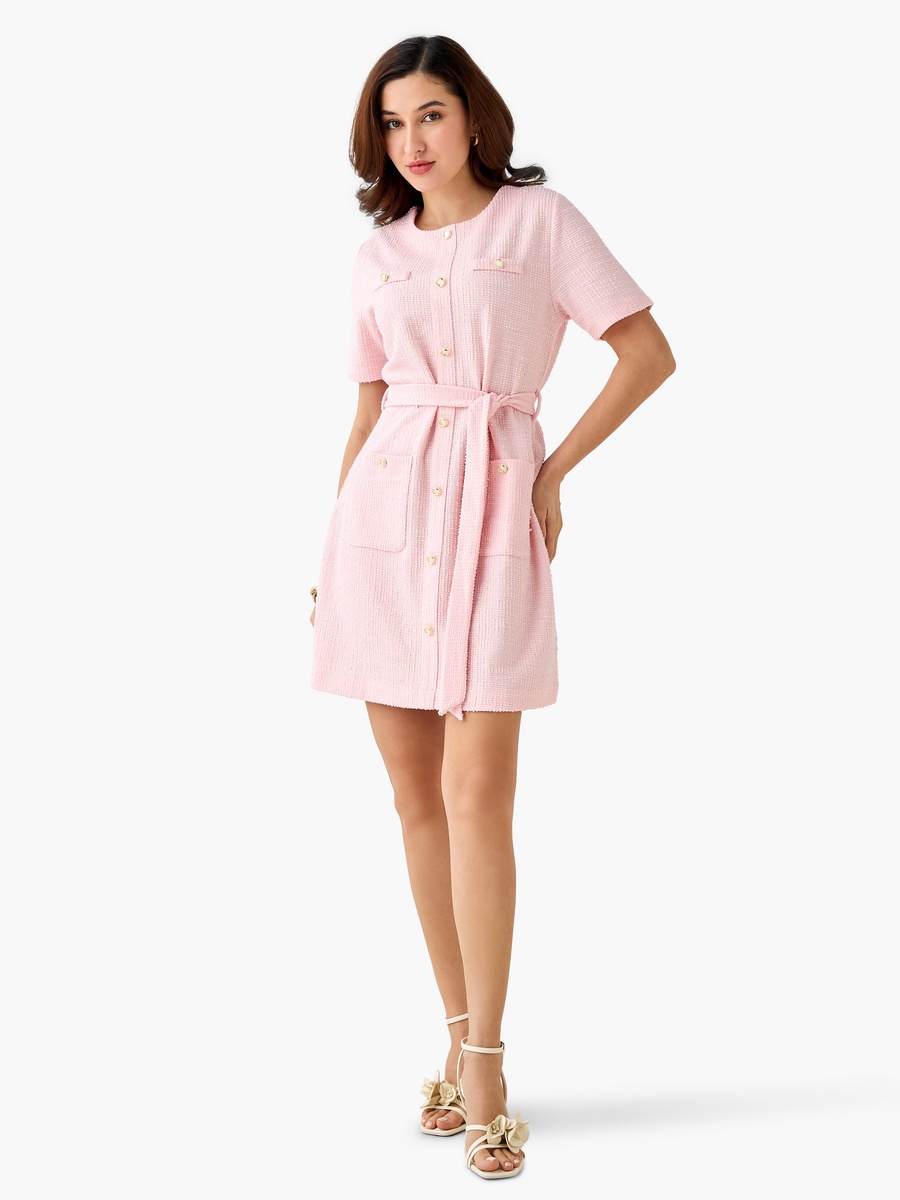 Mini Tweed Knit Shirt Dress with Belt