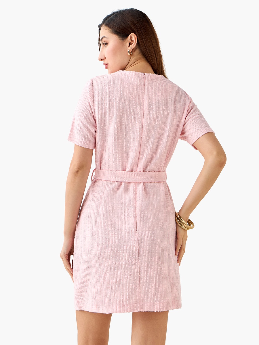Mini Tweed Knit Shirt Dress with Belt