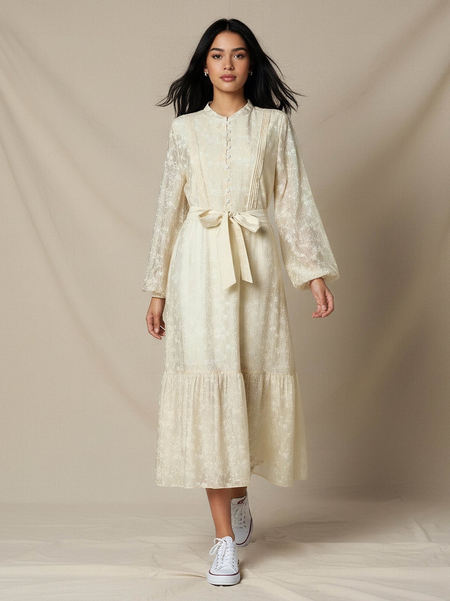 A-Line Midi Dress with Tie-Up Belt
