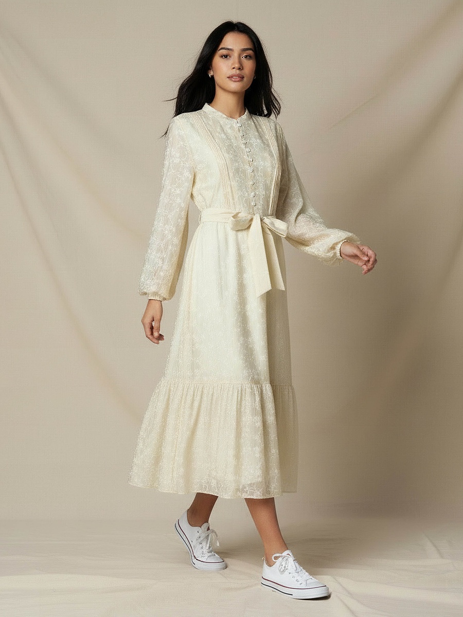 A-Line Midi Dress with Tie-Up Belt