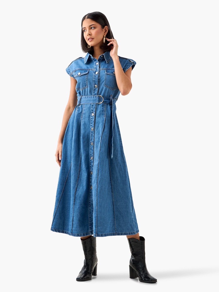Midi Cotton Denim Shirt Dress with Belt